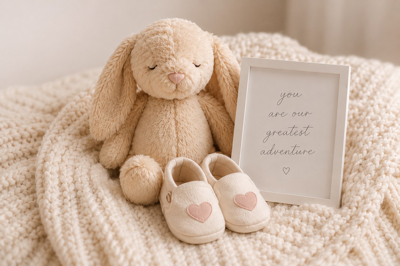 A plush bunny, tiny heart slippers, and a framed note — you are our greatest adventure — waiting for Natalie